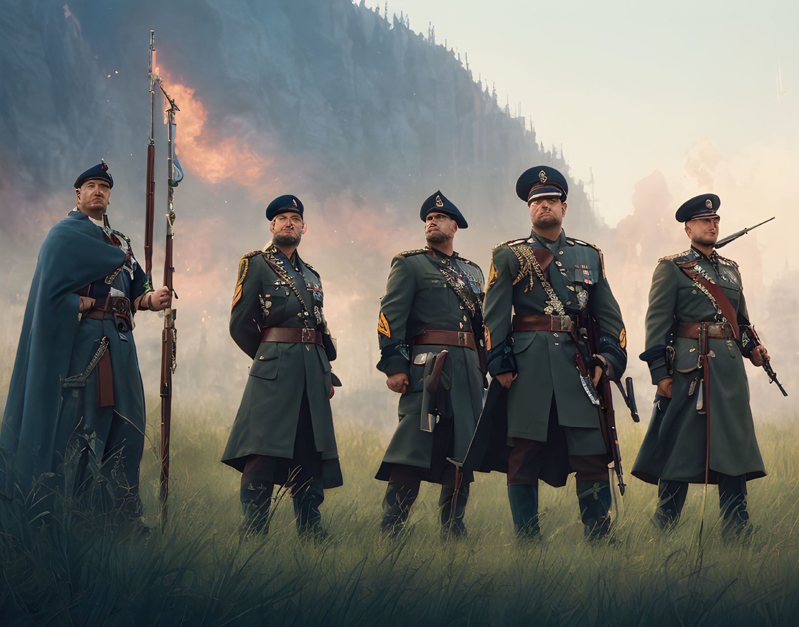 Historical soldiers in uniforms with rifles in foggy forest setting