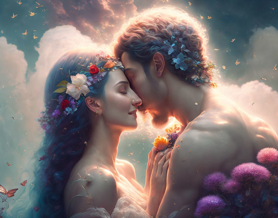 Fantastical couple in floral crowns embrace under dreamy sky.