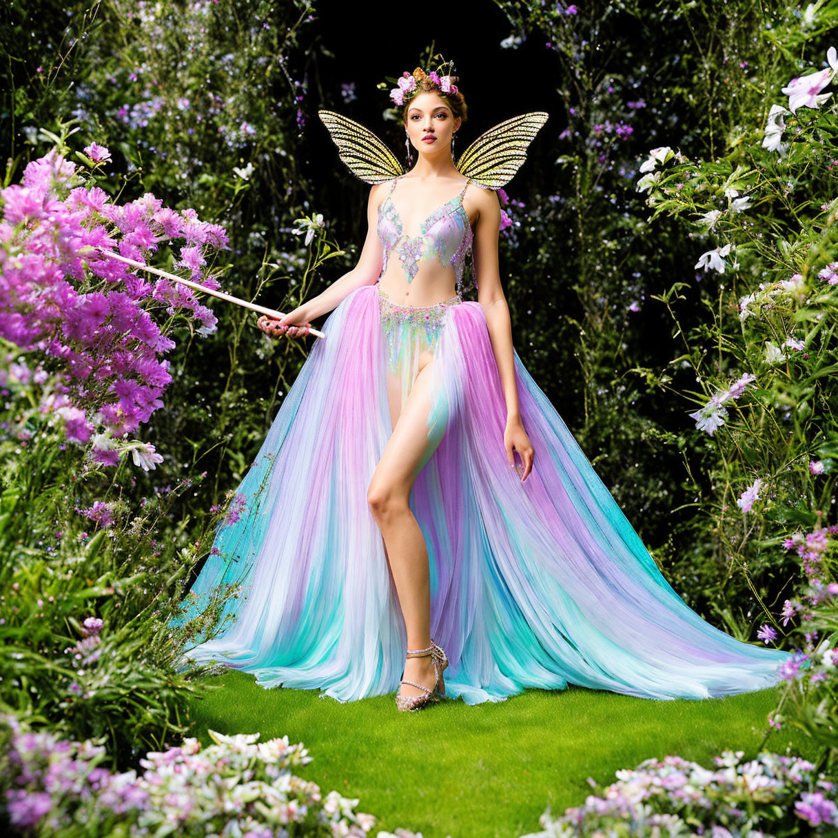 Colorful Fairy Costume with Wings Amidst Lush Flowers