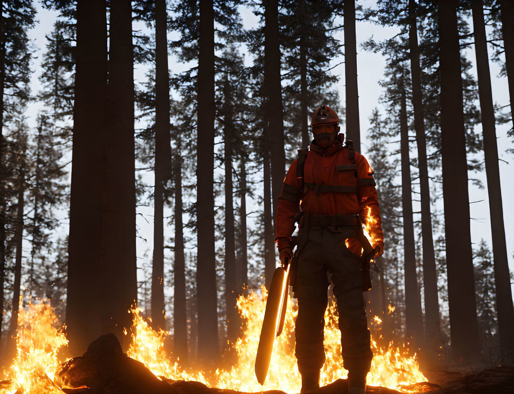 Firefighter with axe in forest fire amid burning trees and embers.