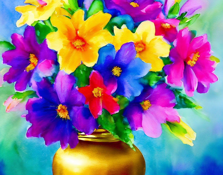 Colorful Flowers in Gold Vase on Blue & Green Background