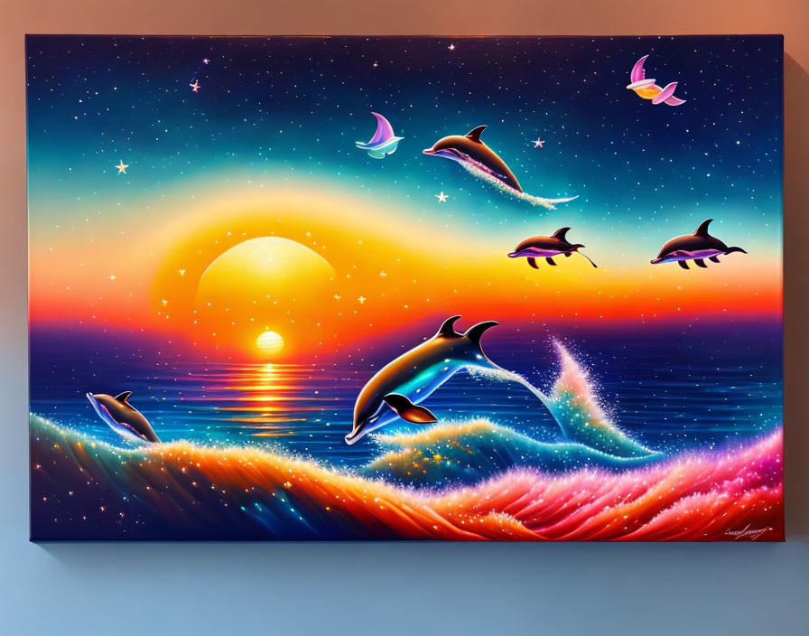 Colorful dolphins leaping in ocean waves under a starry sky