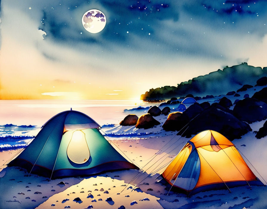 Beach camping scene with two tents under starry sky and full moon