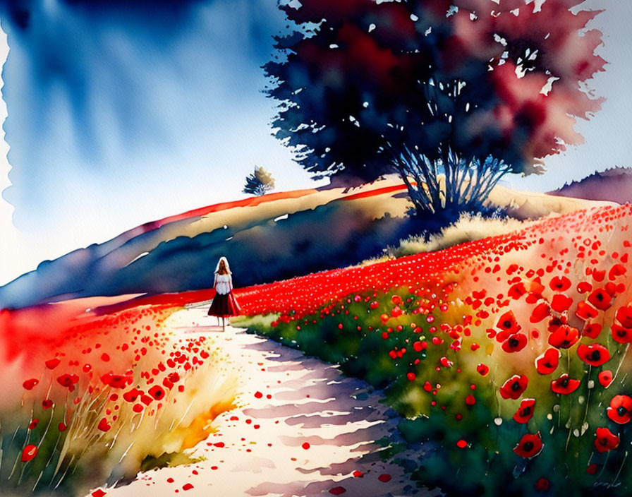 Vibrant watercolor painting of girl in red poppy field under vivid sky