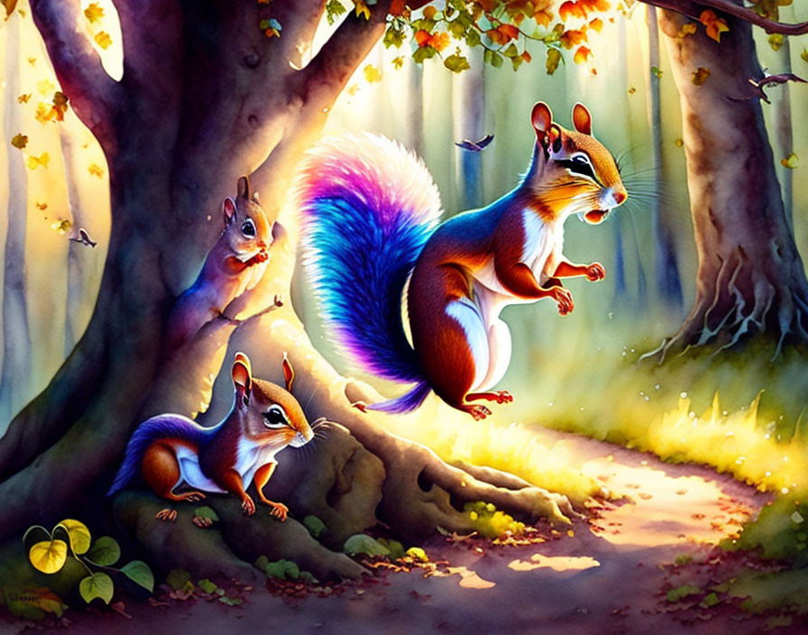 Colorful Anthropomorphic Squirrels in Vibrant Forest Setting