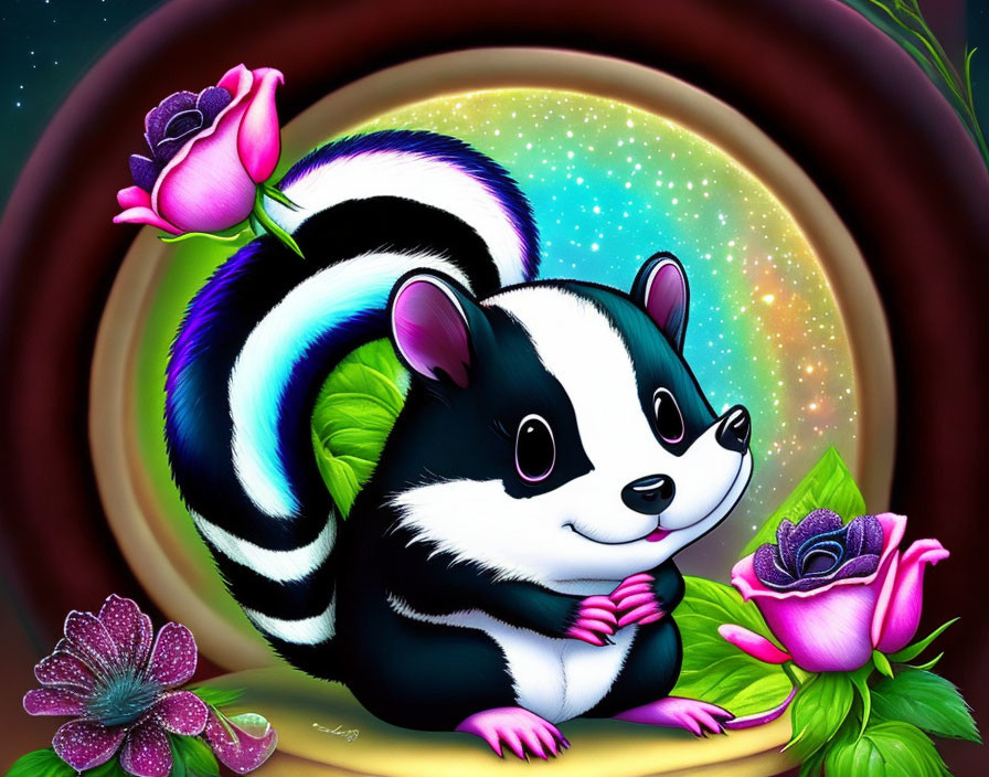 Cartoon skunk illustration with vibrant tail and pink flower in starry background