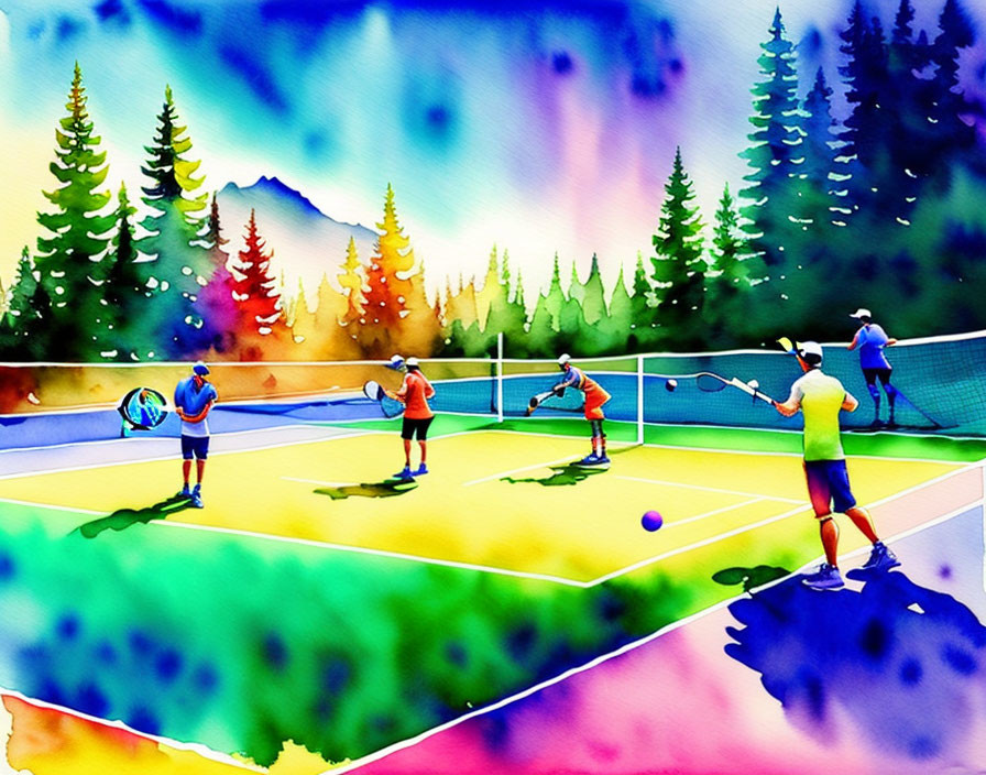 Four people playing doubles tennis in vibrant watercolor art