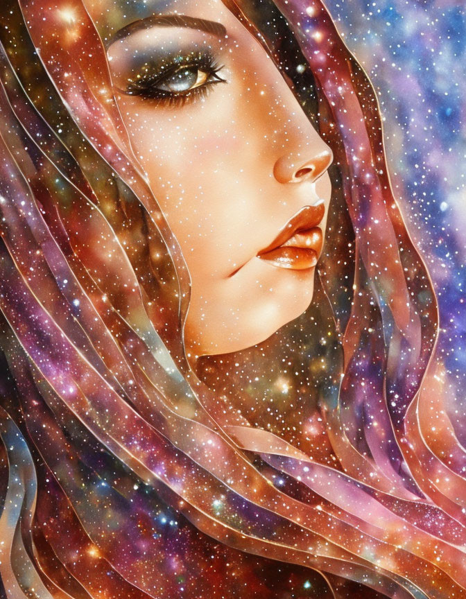 Woman's face blending with cosmic background in vibrant colors