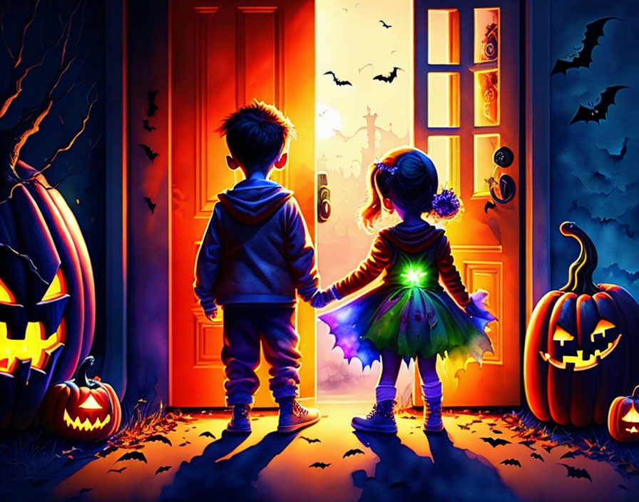 Children with jack-o'-lanterns on doorstep with Halloween decorations.