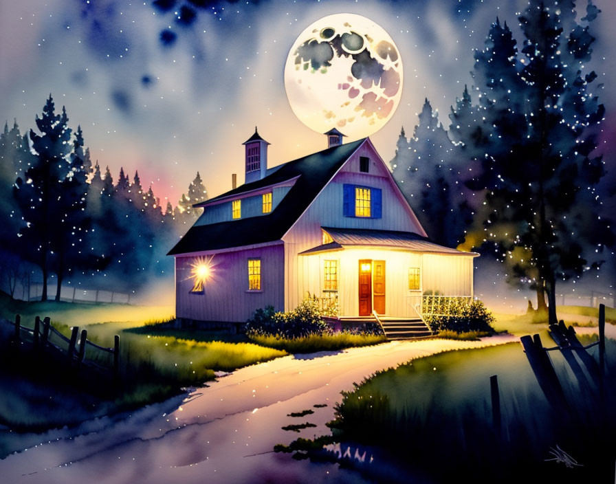 Tranquil night scene: cozy house under moon, trees, stars