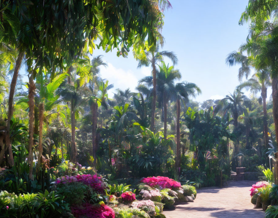 Tranquil garden with lush greenery, palm trees, pink flowers under clear blue sky