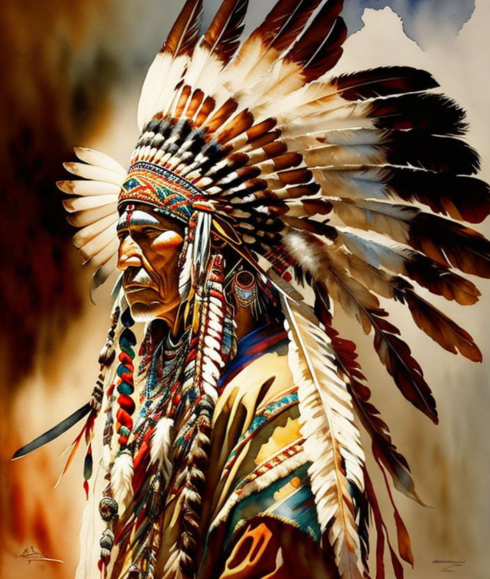 Native American person in feather headdress and traditional regalia painting