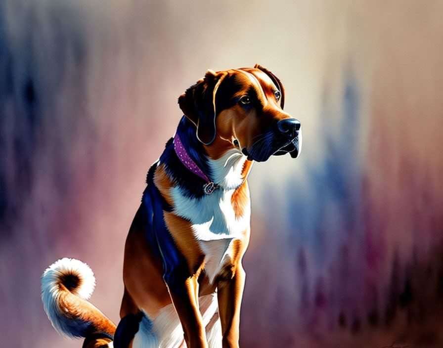 Brown and White Dog with Purple Collar Sitting Against Blurred Background