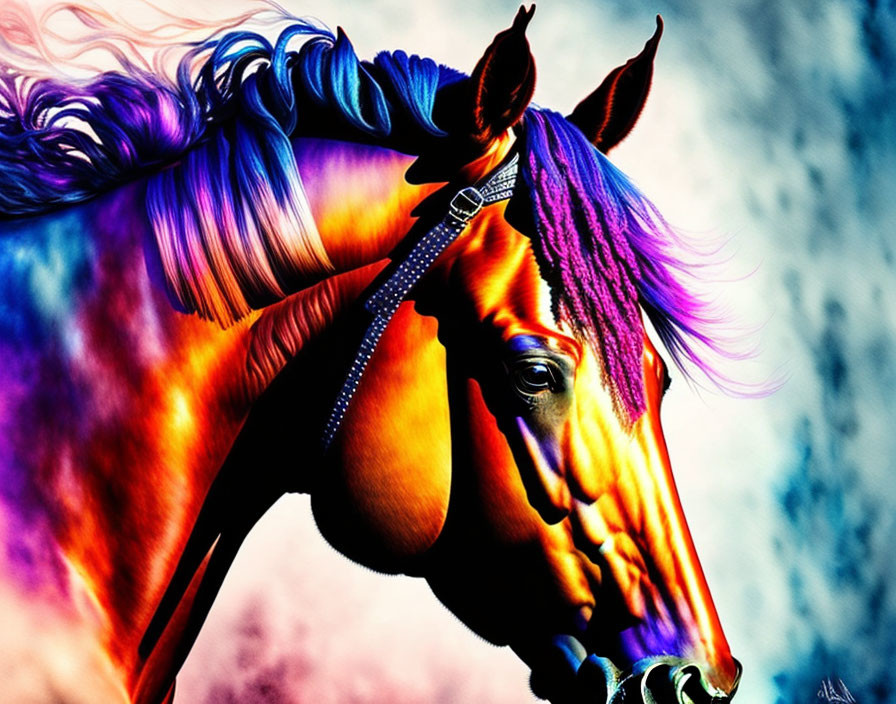 Colorful Horse Digital Artwork with Purple and Blue Mane