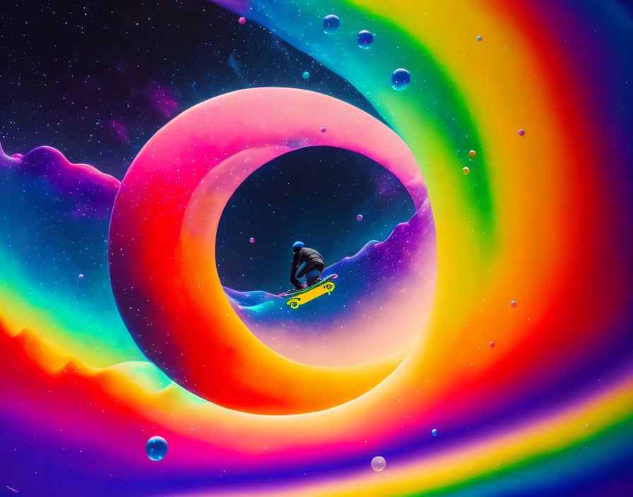 Skateboarder on colorful surreal loop under starry sky