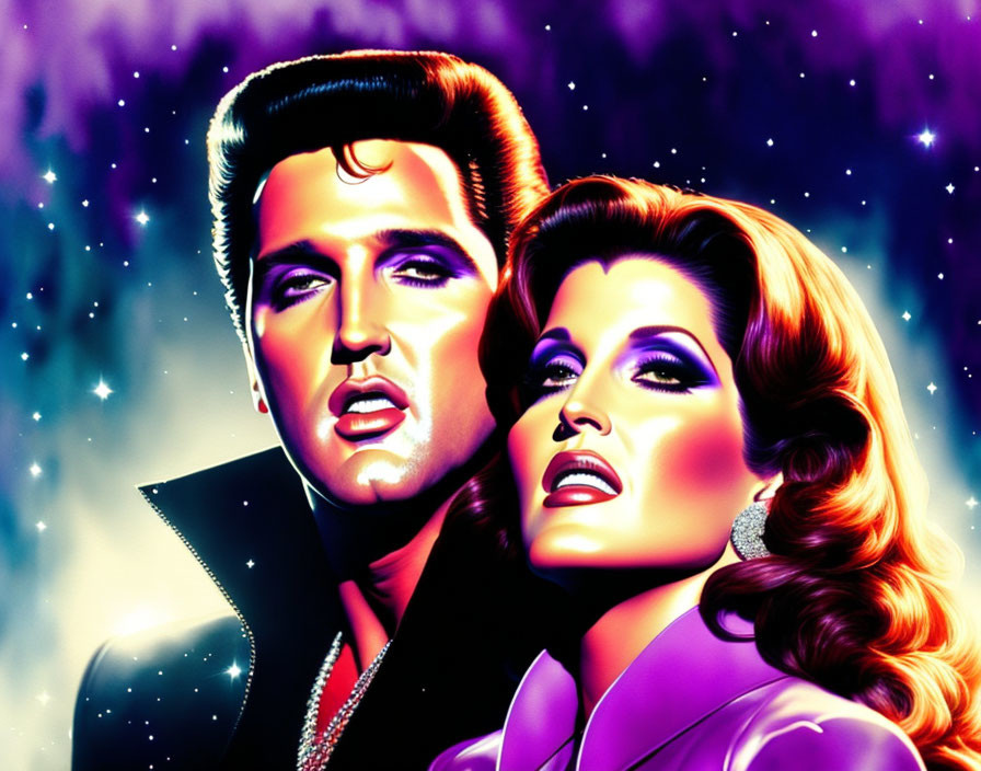 Man and woman in classic Hollywood style on starry background.