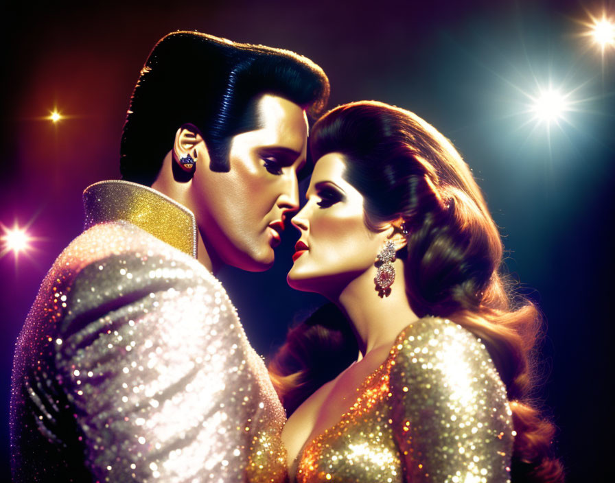 Glamorous vintage Hollywood-inspired man and woman in glittering outfits with dramatic backlight.