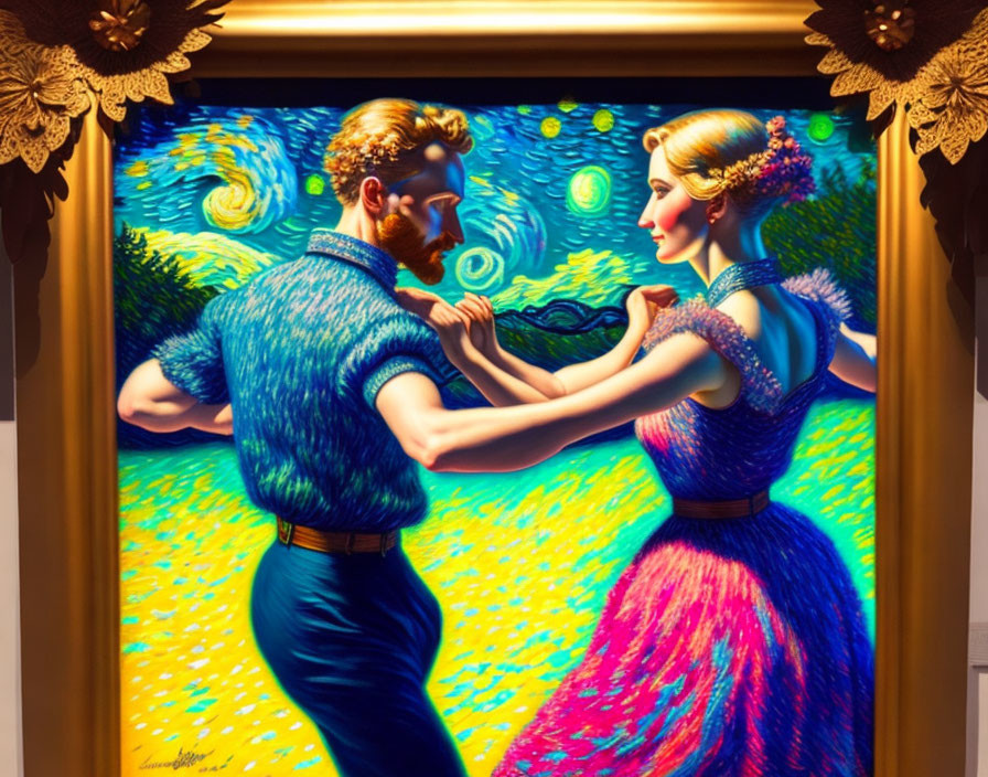 Colorful Couple Dancing in Starry Night Scene with Swirling Patterns