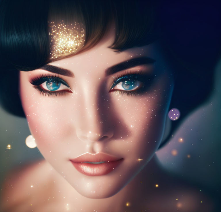 Digital portrait of woman with sparkling makeup and blue eyes, surrounded by starry glow