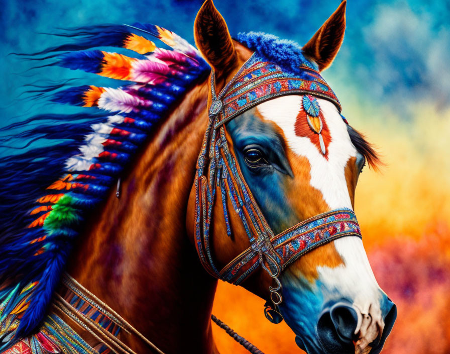 Colorful Feathered Horse Close-Up Against Abstract Background