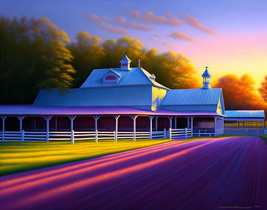 Colorful farm sunset painting with blue barn and purple field