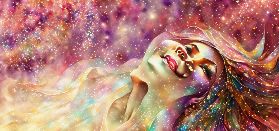 Vibrant cosmic background with woman's flowing hair