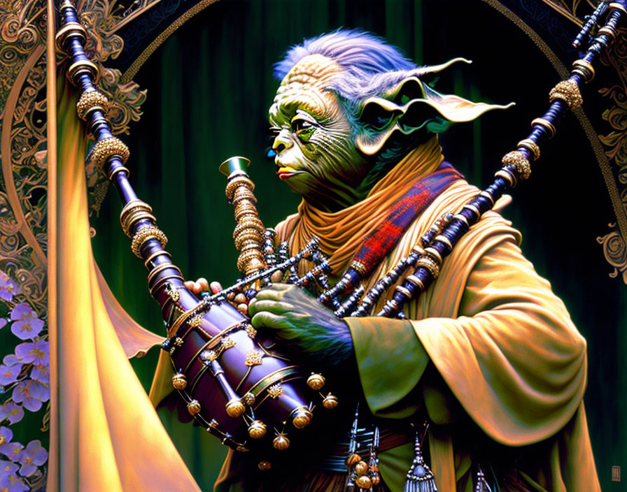 Green-skinned character with large ears and ornate staff against decorative backdrop