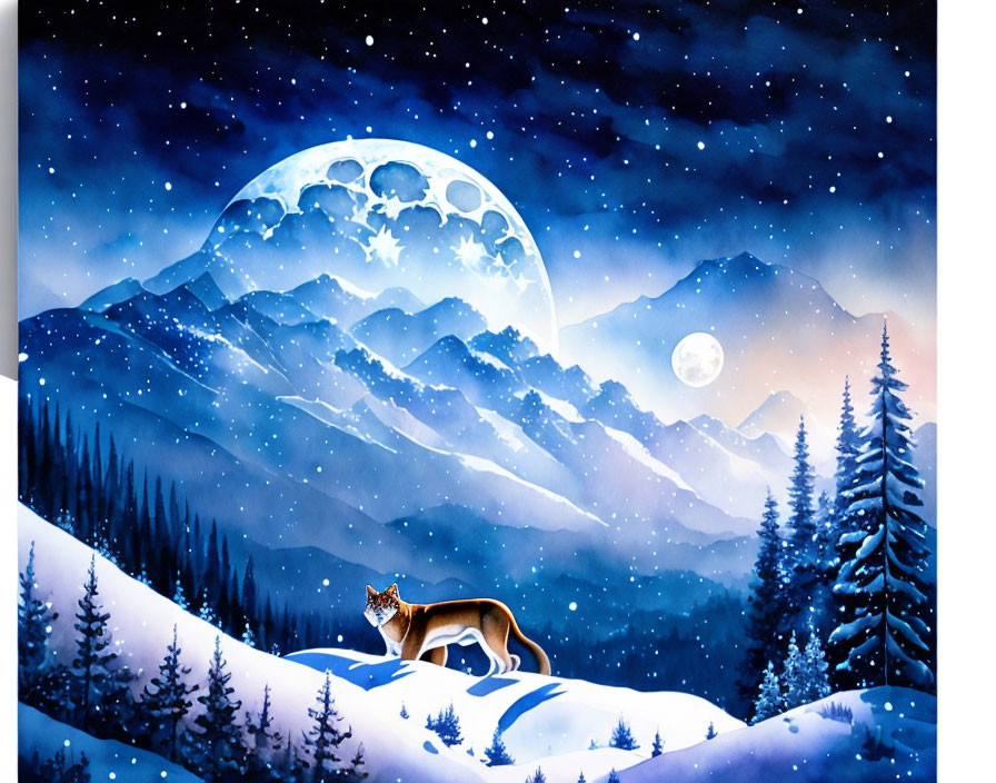 Fox on snowy hill with evergreen trees under starry sky