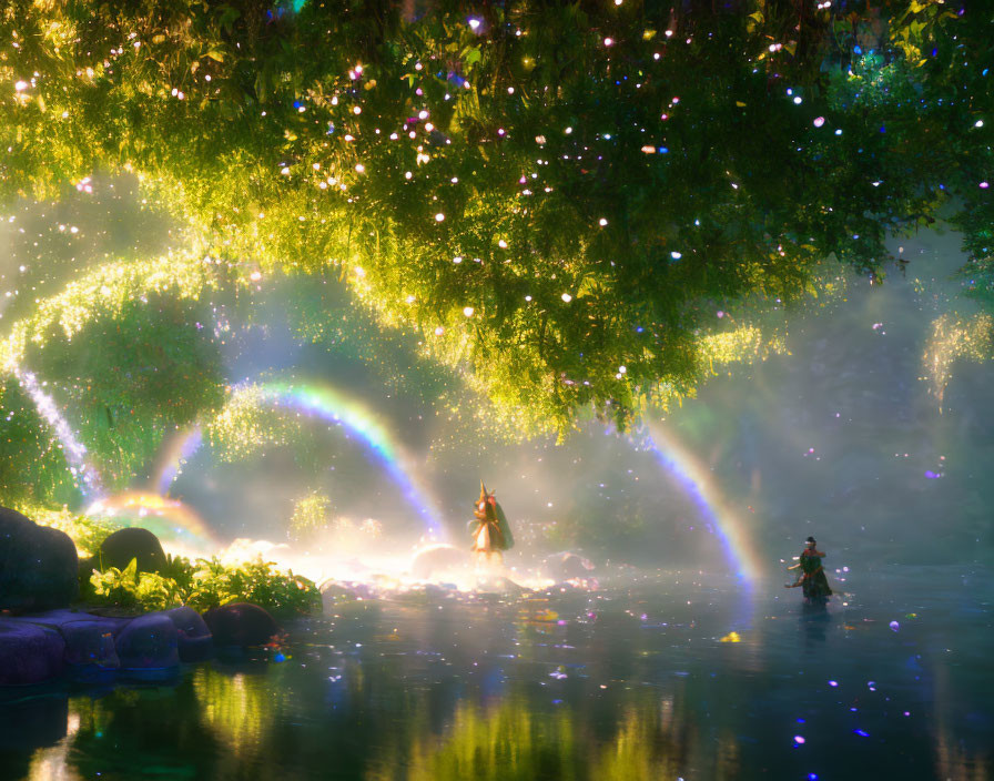 Mystical forest with two rainbows, glowing particles, person in trees, and another in boat