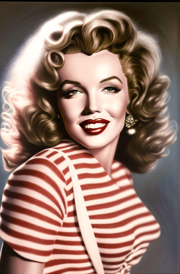 Blonde woman with red lipstick and striped top epitomizes classic Hollywood glamour