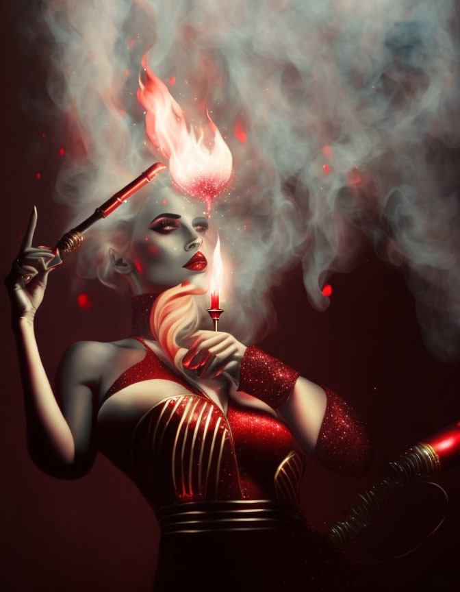 Stylized woman with flame hair holding lipstick in dramatic, fantastical setting