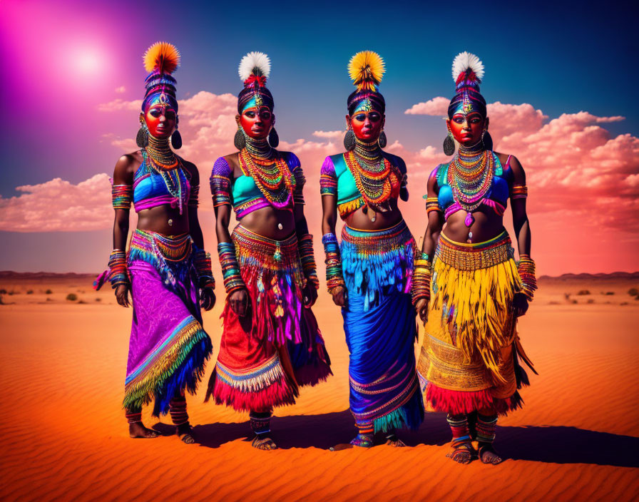 Four Women in Vibrant Tribal Attire Standing in Desert Landscape