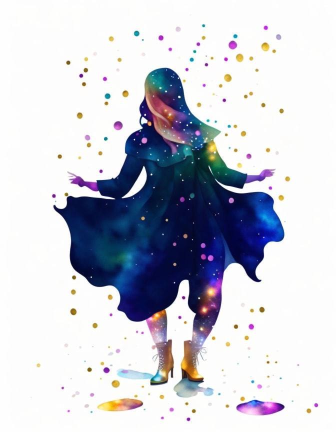 Colorful cosmic-themed person illustration with stars, nebulae, and floating dots