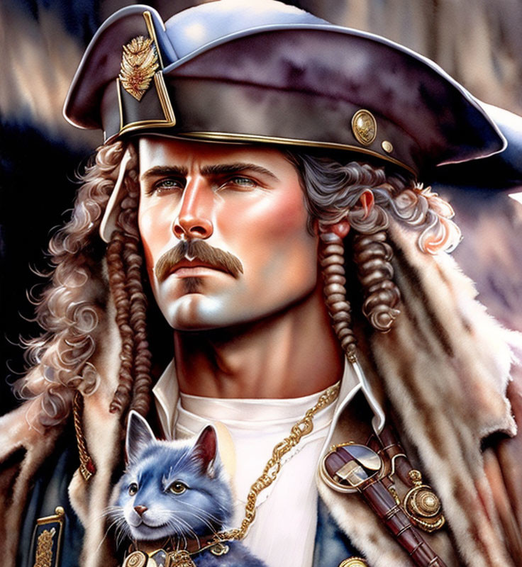 18th-Century Naval Officer Portrait with Blue-Eyed Cat