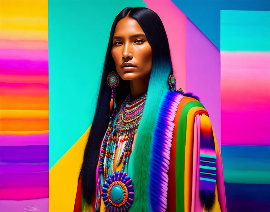 Native American woman in traditional dress on colorful geometric backdrop