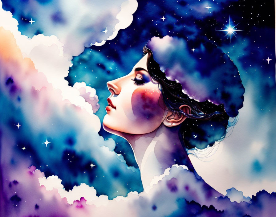 Colorful woman's profile with cosmic hair and stars on blue and purple background