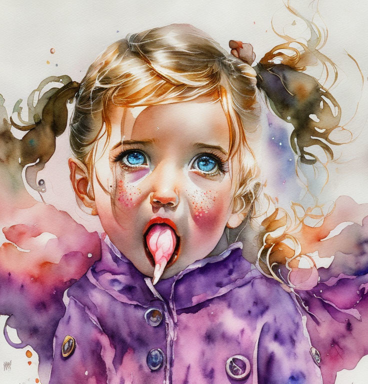 Young girl watercolor painting with blue eyes, curly hair, purple coat, and red tongue.