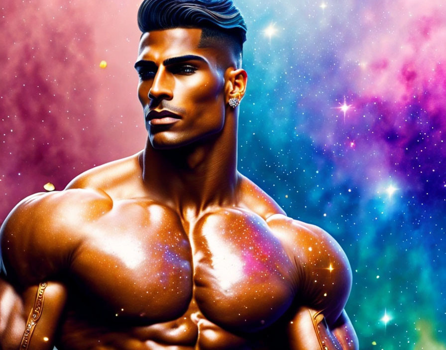 Muscular man illustration on cosmic backdrop