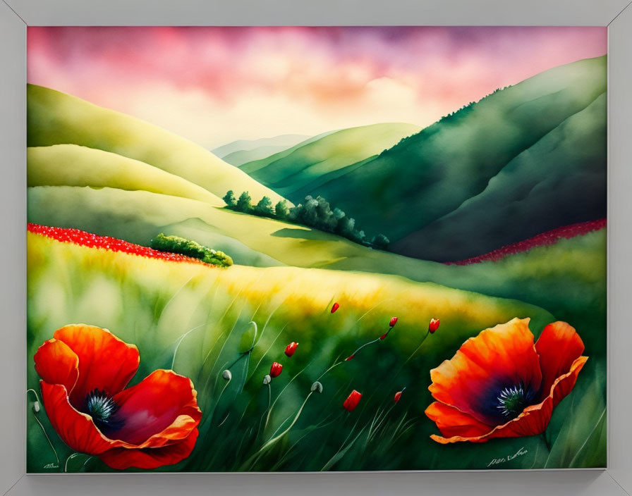 Rolling Green Hills Watercolor Painting with Red Poppies and Sunset Sky