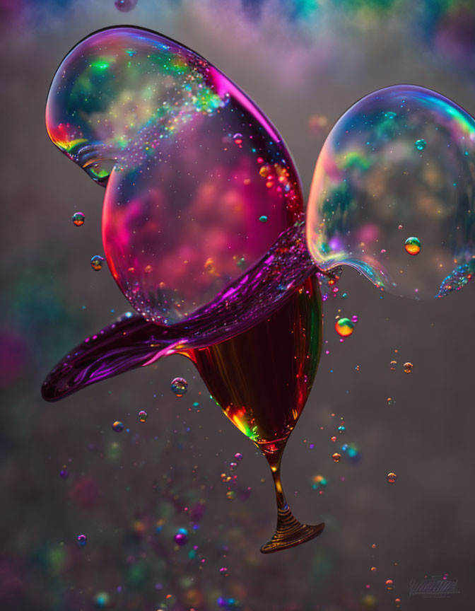 Liquid spills over, vibrant iridescent bubbles on bokeh background