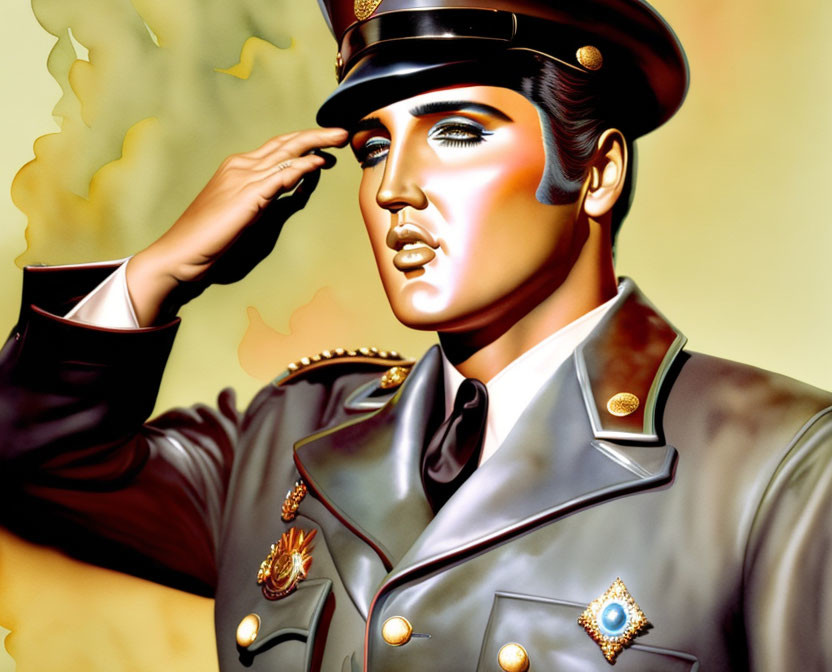 Military man illustration with medals, styled hair, bold colors