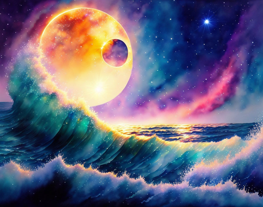 Colorful Cosmic Ocean Scene with Moon, Planetary Body, and Nebula Sky