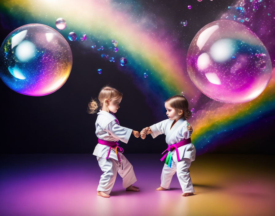 Children in purple belt karate uniforms with iridescent bubbles and nebula backdrop.