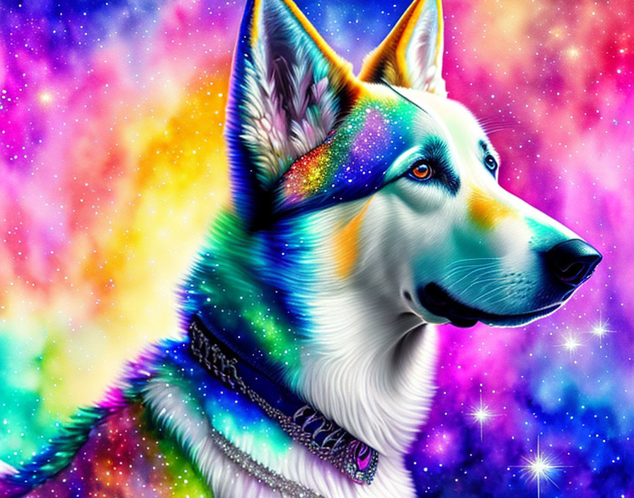 Colorful Husky Illustration with Cosmic Starry Background