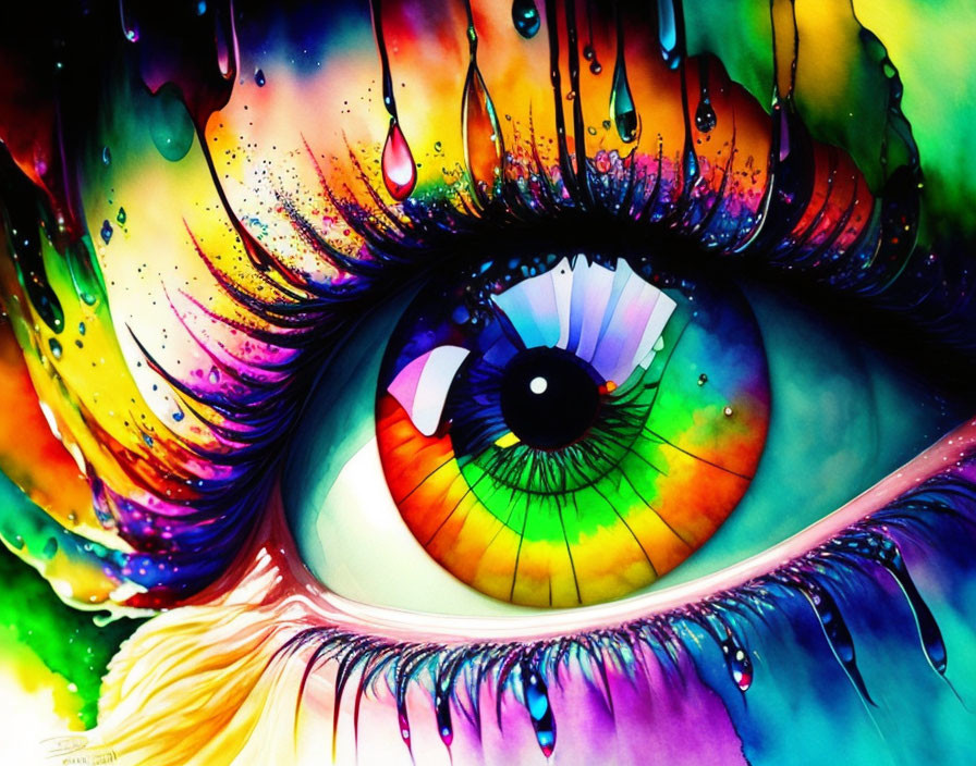 Colorful Eye Illustration with Rainbow Iris and Paint Droplets