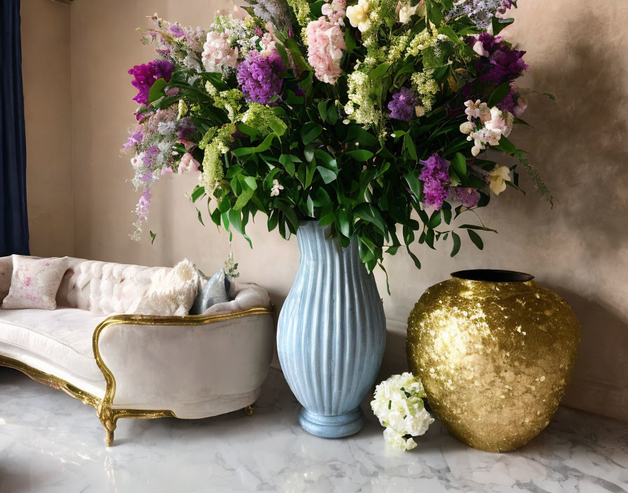 Elegant Interior with Flowers, Vintage Sofa, and Gold Accents