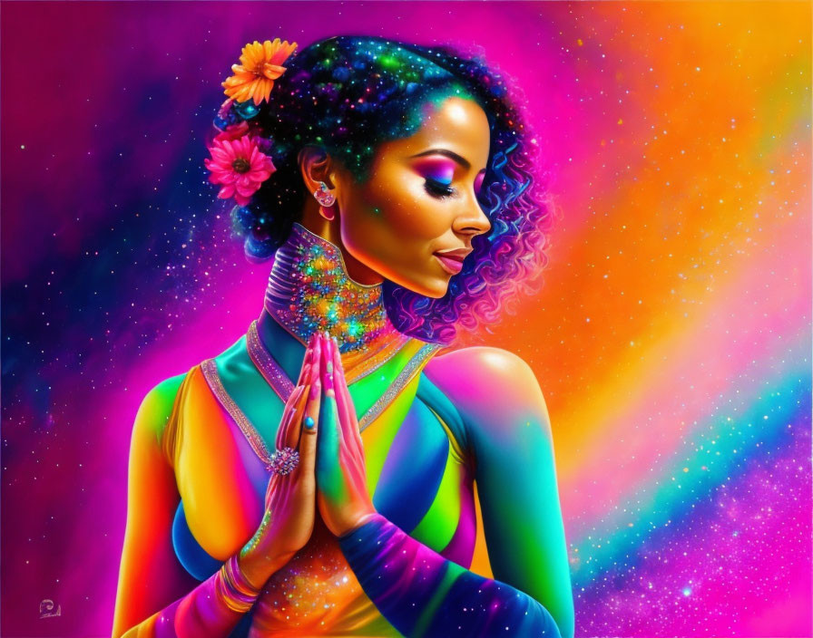 Colorful Woman in Meditative Pose with Cosmic Background