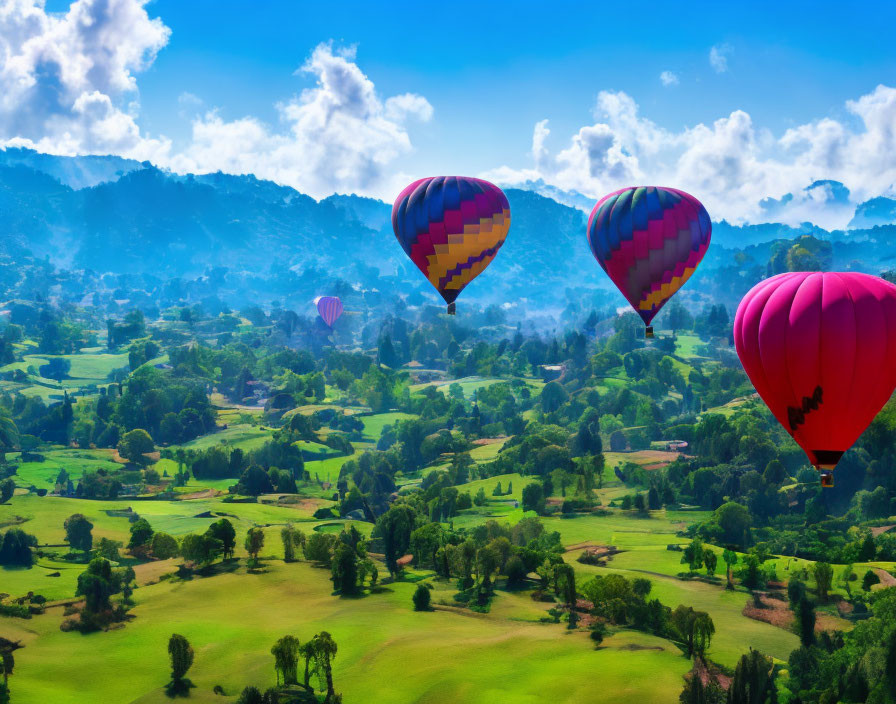 Vibrant hot air balloons in green landscape with blue sky