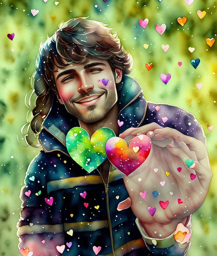 Smiling man holds galaxy heart in colorful scene