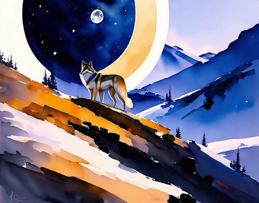 Stylized painting of wolf on mountain ridge at night